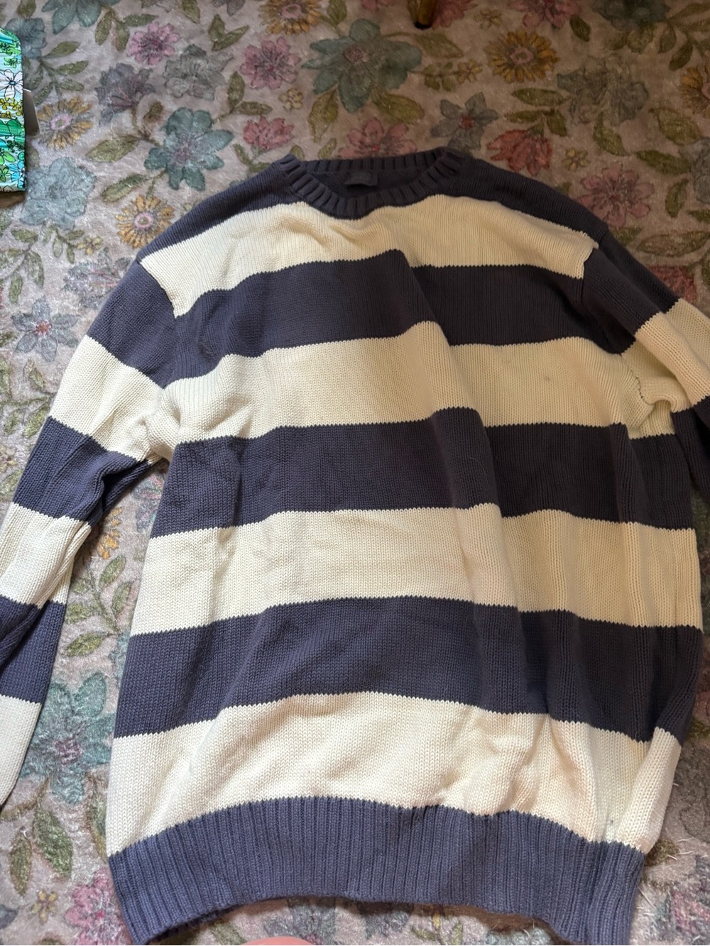 Brandy Melville Cream and Dark Gray Striped Crewneck Sweater